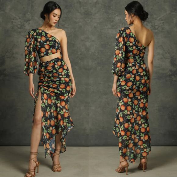 NEW Sau Lee Dress Black Floral One Shoulder Cut Out Cocktail Maxi Dress Sz 2 - Picture 7 of 10